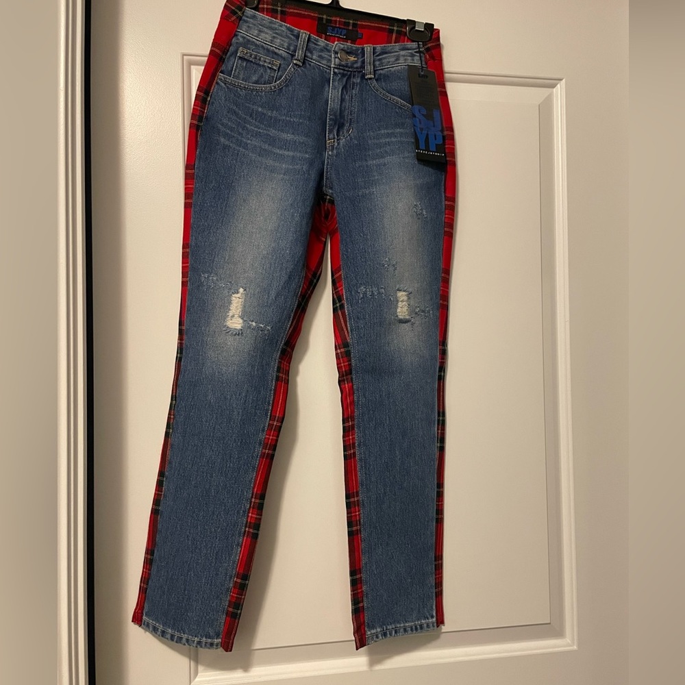 SJYP back check mix jeans, XS/US 25, brand new